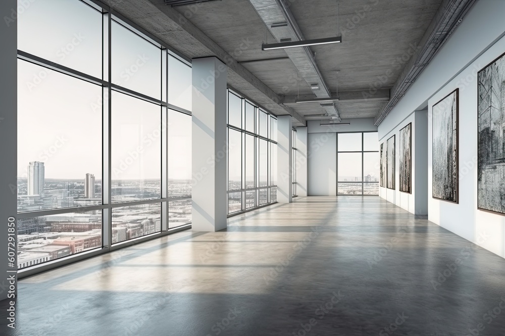 Interior of modern loft with concrete floor and panoramic windows Interior of modern loft with concrete floor and panoramic windows
