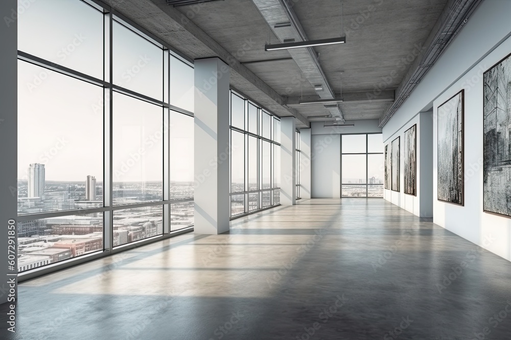 Interior of modern loft with concrete floor and panoramic windows