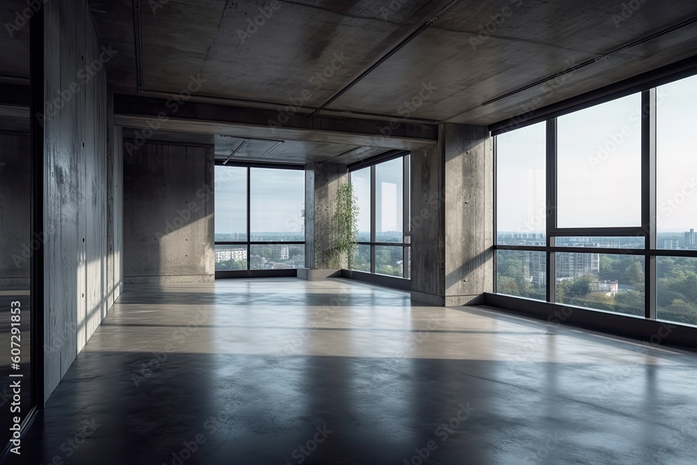 Interior of modern loft with concrete floor and panoramic windows Interior of modern loft with concrete floor and panoramic windows