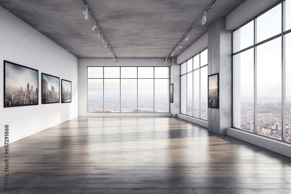 Interior of modern art gallery with empty white walls and concrete floor. Gallery concept Interior of modern art gallery with empty white walls and concrete floor. Gallery concept