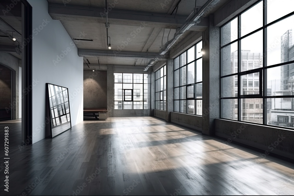 Interior of modern art gallery with empty white walls and concrete floor. Gallery concept Interior of modern art gallery with empty white walls and concrete floor. Gallery concept