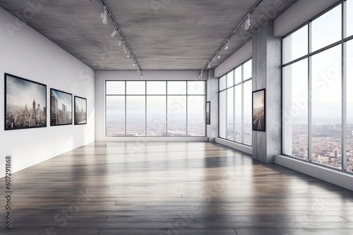 Interior of modern art gallery with empty white walls and concrete floor. Gallery concept
