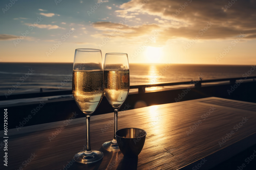 Toast to new beginnings and happiness with two champagne glasses reflecting the golden sunset. AI Generative.
