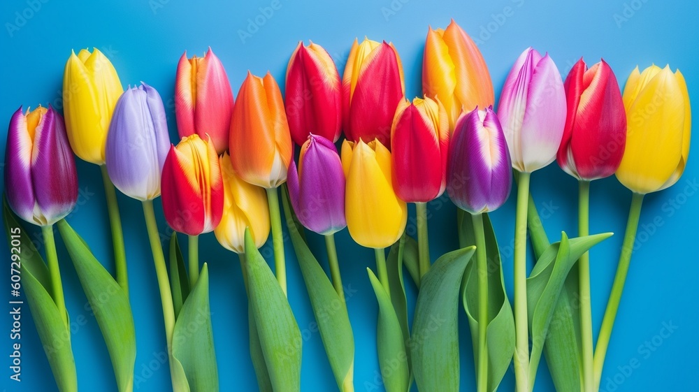 Spring rainbow tulip flowers on blue background Generative AI Spring rainbow tulip flowers on blue background Generative AI
