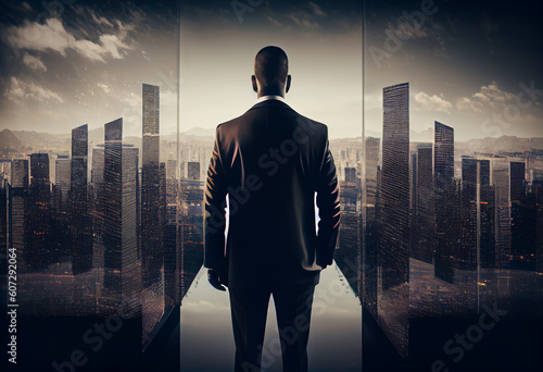 Business man standing back with cityscape in office skyscraper. Generate Ai