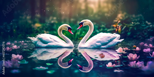 Fototapeta Naklejka Na Ścianę i Meble -  pair of swans swimming in a calm lake, with water lilies and a forested shoreline. Generative AI
