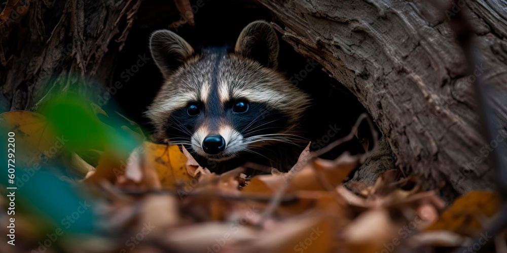 Fototapeta premium raccoon peeking out of a tree hole, with leaves and branches surrounding it Generative AI