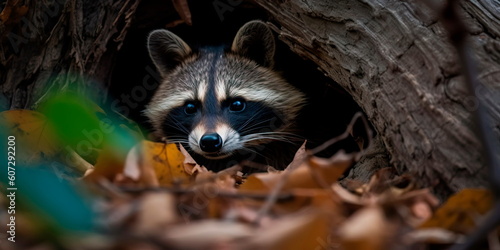 raccoon peeking out of a tree hole, with leaves and branches surrounding it Generative AI