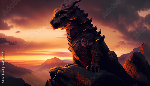 Big dragon-bear on top of a mountain at sunset. Generate Ai. © AI_images