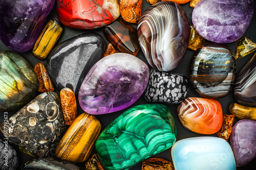 tumbled gemstone mix. macro detail texture background. close-up polished semi-precious gemstone. photo