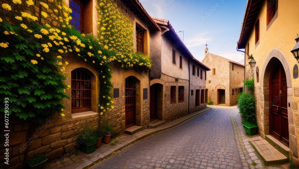 Naklejka premium Flowery empty old historical street from the pavement of paving stones on sunny day in small village. Generative AI