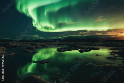 Glacial lagoon in Iceland under the northern lights. Night sky with aurora and setting sun. Night winter landscape with northern lights and reflection on the water surface