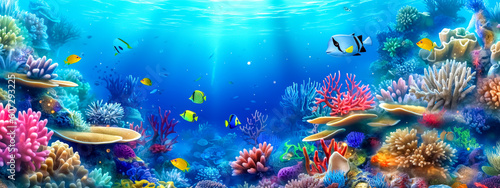 nautical aquarium, colorful underwater world with fish and plants, banner with copy space, made with Generative AI