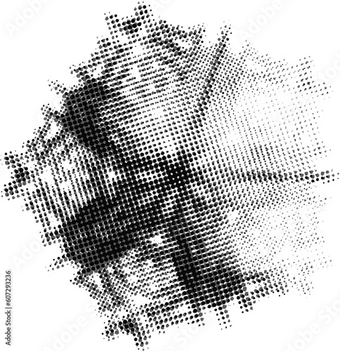 A halftone mandala of shapeless spots with a highlighted upper sector. Shift simulation, fuzzy image. Vector.