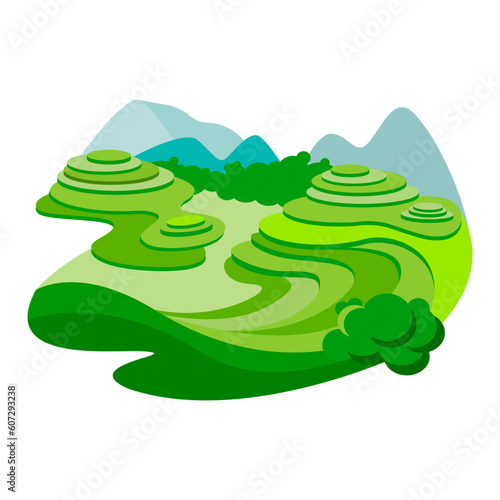 Vietnamese rice field. Asian meadow with plants and mountains. Travel, cultural concept. Flat cartoon vector illustration isolated on white background