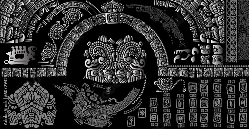 Signs and symbols of the ancient Mayan peoples of Latin America on a black background.