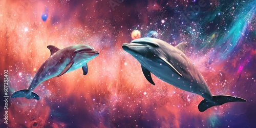An airbrush painting of 1980s dolphins floating in minimal space style. Generative AI AIG27. photo