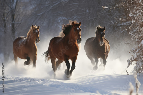 Horses galloping in the snow © Kien