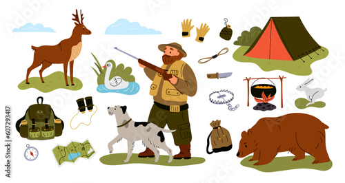 Hunters equipment. Cartoon character hunting with gun and dog. Forest bear and deer. Cooking on bonfire. Binoculars and backpack. Compass and camping tent. Stalking prey. Garish vector set