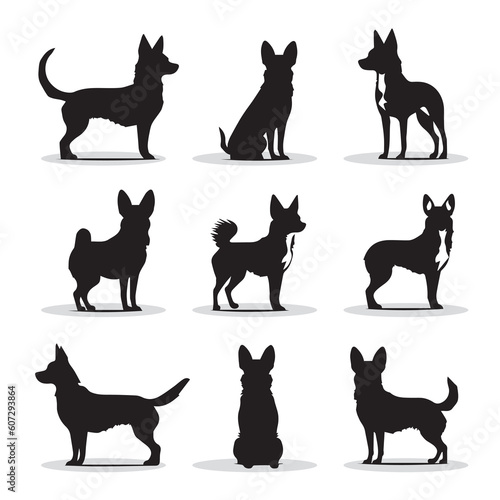 Chihuahua small dog vector icons and silhouettes. Set of illustrations in different poses.