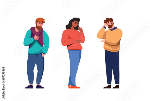 Confused characters men and women. in doubts and thoughts. Worry and think. Flat vector illustrations isolated on white background.