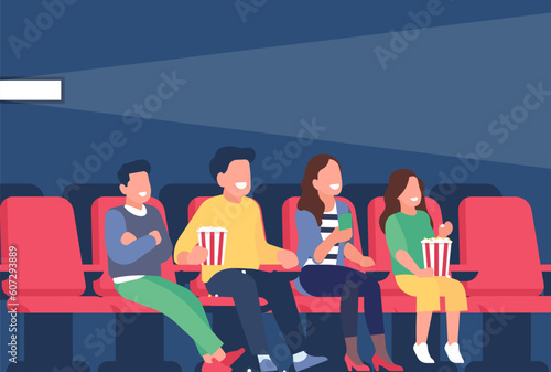 Jolly family watching movie in theater with popcorn. Happy people sitting in cinema, mother father with kids watch film, performance on stage. Cartoon flat style isolated vector concept