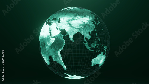 3D render of asia globe map, Technology and Futuristic blue green line glowing Earth Background