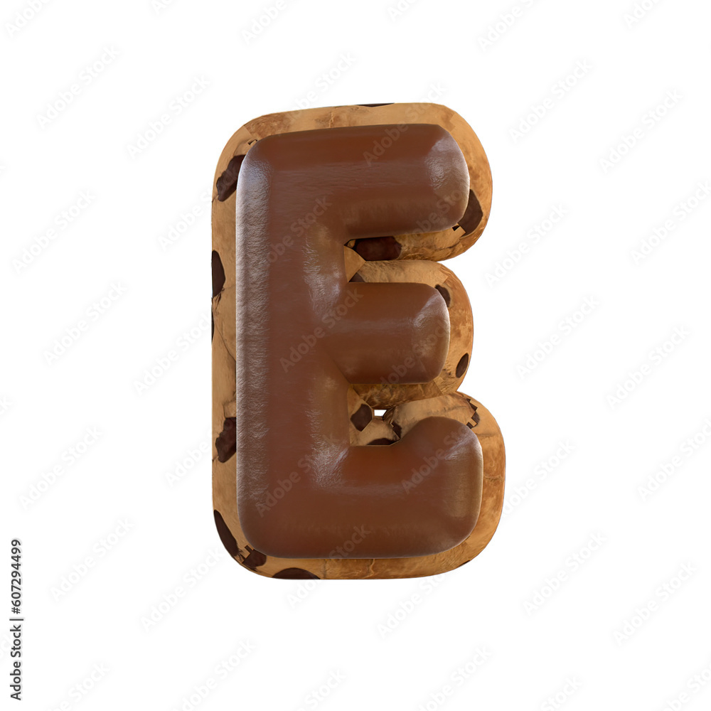 3d rendering of the E letter recreating a cookie with chocolate on top 3d rendering of the E letter recreating a cookie with chocolate on top