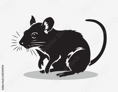 The black silhouette of a rat or mouse is sitting with a tail, paws and ears on a white background