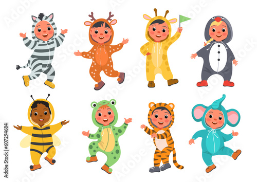 Kids animal dress. Funny children in cute pajamas and suits. Happy boys and girls. Carnival wears. Different kigurumi costumes. Halloween and birthday party clothing. Splendid vector set