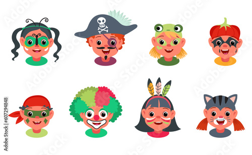 Kids faces painting. Boys and girls with carnival makeups. Entertainment for children. Pirate or Indian. Animals festival party costumes. Little people heads with masks. Splendid vector set