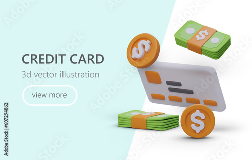 Web page with realistic 3d credit card, coins and banknotes. Online banking, get credit card concept. Colorful web page with button view more. Vector illustration in green colors