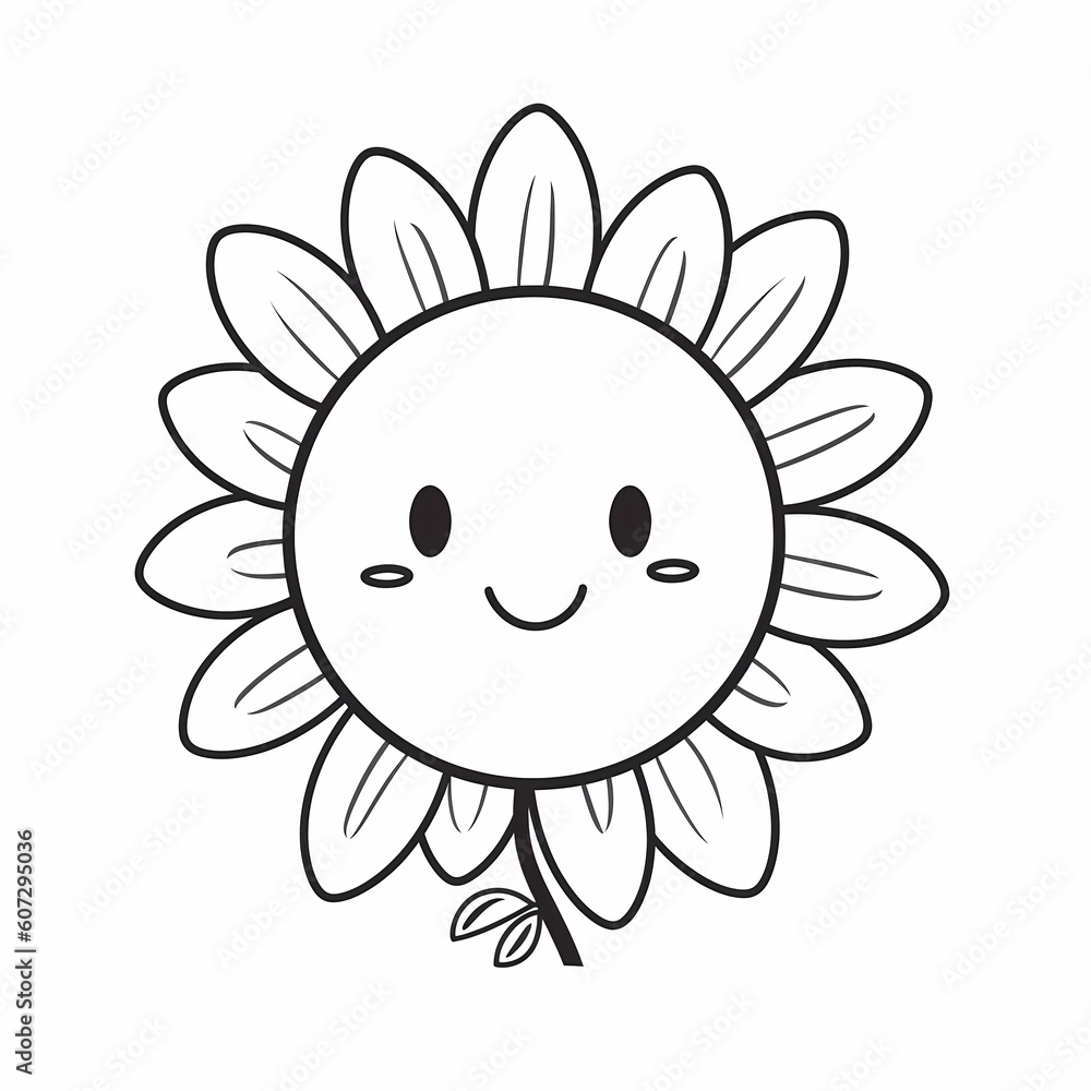 Adorable Sun Flower Black Outline Cartoon Illustration