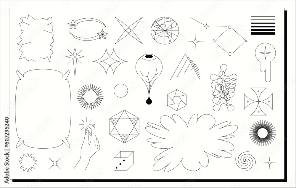 Obraz premium Super trendy geometric Y2K aesthetic brutalism styled linear shapes and forms. Set including stars, deformation, bubbles, arrows and other trendy shapes.