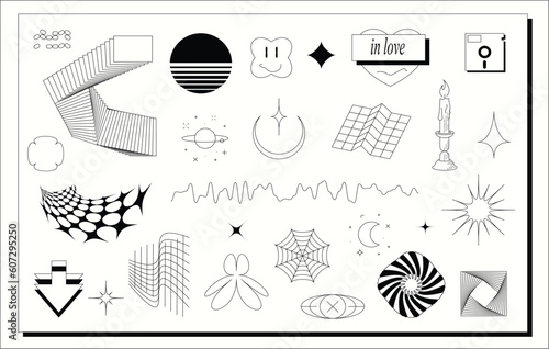 Super trendy geometric Y2K aesthetic brutalism styled linear shapes and forms. Set including stars, deformation, bubbles, arrows and other trendy shapes.