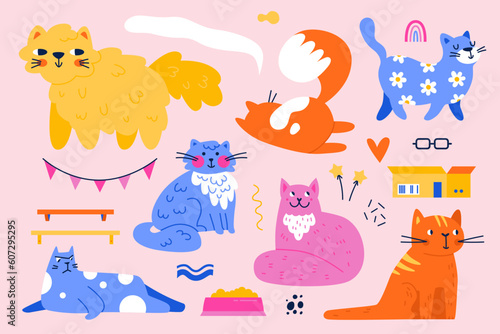 Big fun set of cat characters. Cats vector illustration