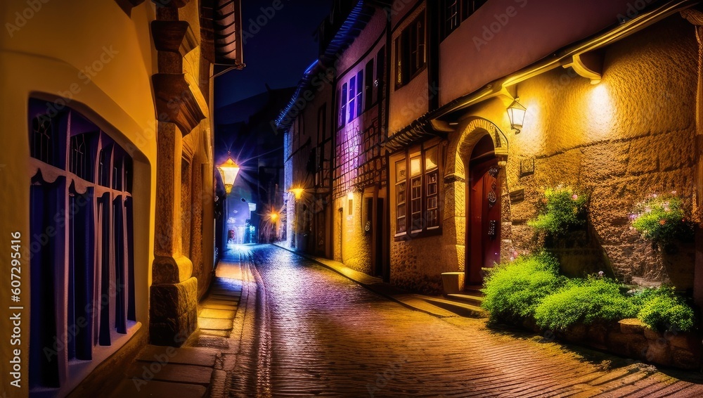 Night empty old historical street with glowing neon lights from the pavement of paving stones in small village. Generative AI