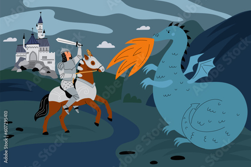 Knight in armor and fabulous dragon. Medieval fairy tale character. Battle against castle. Hero with sword. Prince attacking mythology beast. Fight with monster. Garish vector concept