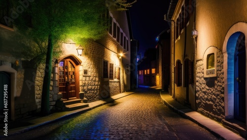 Night empty old historical street with glowing lights from the pavement of paving stones in small village. Generative AI