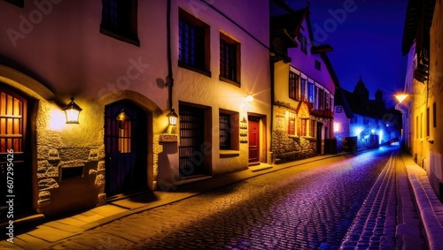 Night empty old historical street with glowing neon lights from the pavement of paving stones in small village. Generative AI © Vitaliy