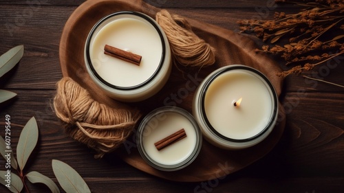 two unused white hand-poured soy wax scented candles Generative AI