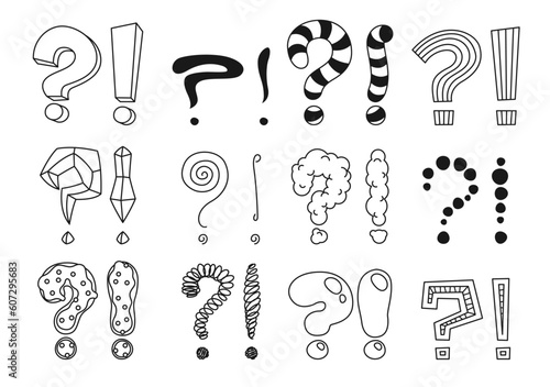 Doodle exclamation and question marks. Sketch and hand drawn punctuation symbols. Warning, attention and question answer abstract icons or handwritten ink signs with exclamation, question marks