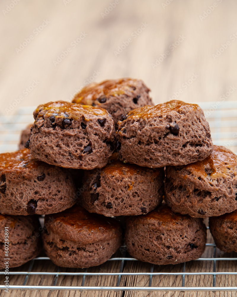 Chocolate scone with clotted cream and homemade raspberry jam