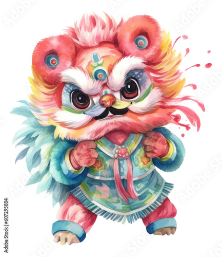 Traditional Chinese new year lion dance watercolor cartoon illustration.