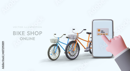 Poster for bike shop online store. 3d hand click on web credit card, buying transport via smartphone. Rental and purchase of bicycles concept. Colorful vector illustration