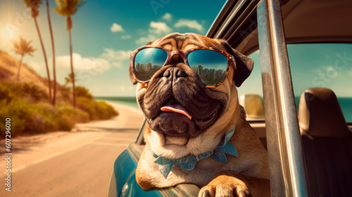 traveler dog with head out of car window looking at the beach generative ai