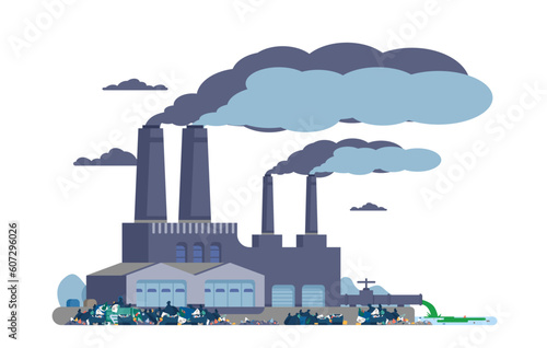 Littered territory of plant. Factory chimneys releasing harmful smoke and pouring industrial waste into river. Trashcans and garbage piles. Industry pollution emission. Vector concept