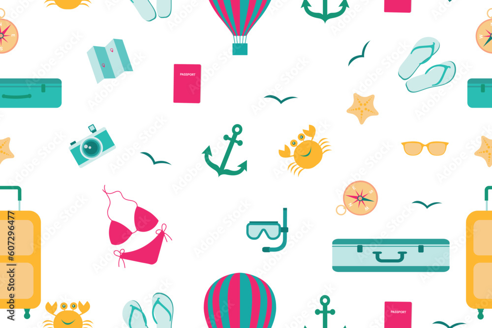 Summer seamless pattern. Accessories for sea holidays. Suitable for printing, textiles, backgrounds, wallpaper, wrapping paper, packaging. 