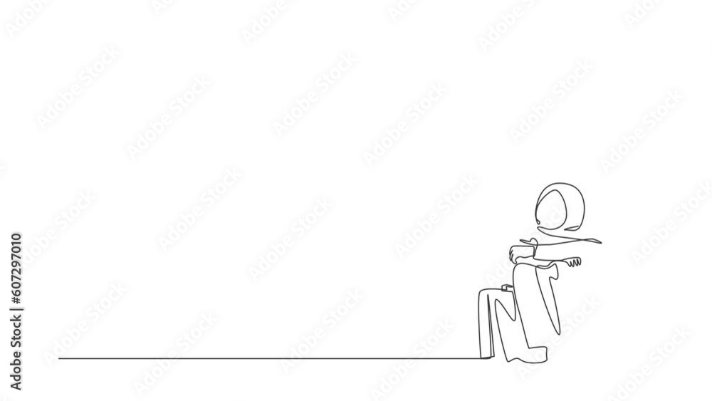 Animated self drawing of continuous line draw Arab businesswoman suffer emotion melancholy with briefcase sitting in despair on floor. Worker sad gesture expression. Full length single line animation Animated self drawing of continuous line draw Arab businesswoman suffer emotion melancholy with briefcase sitting in despair on floor. Worker sad gesture expression. Full length single line animation
