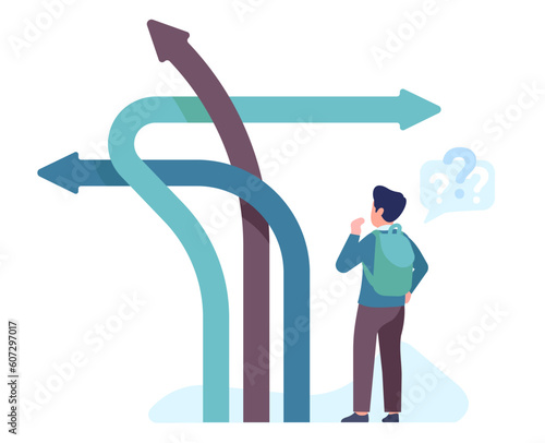 Little boy stands at crossroads and thinks which direction to take. Alternative ways, child making decision, kid finding right direction, cartoon flat style isolated vector concept